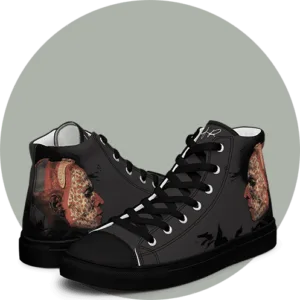Sneaker en toile Iroquois - profil couvert de peau de leopard sur une moitie, rouge sourd sur l'autre, fond noir