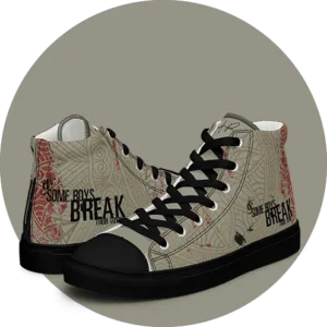 Sneaker en toile The break - entrelacs maoris en camaieu de sable, eclaboussures rouges, lettrage some boys break their toys