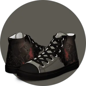 Sneaker en toile Coton - profil de femme au foulard ocre, yeux fermes, sur maillage d'etoiles et dechirure rouge