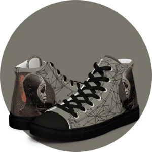 Sneaker en toile The eeg - visage d'homme de profil, spirale de bandes claires autour de l'oeil, reseau de triangles sur fond kaki
