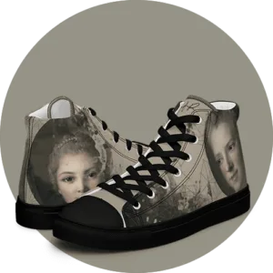 Sneaker en toile Bonne famille - deux visages du XVIIIe, un enfant et une jeune femme poudree, maillage de triangles sepia