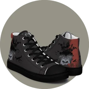 Sneaker en toile King & kong - gorille couronne et chasseurs a helice en pique, fond gris et rouge sang