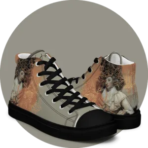 Sneaker en toile The queen - portrait d'aristocrate du XVIIIe en dentelle creme, rosace doree sur fond abricot