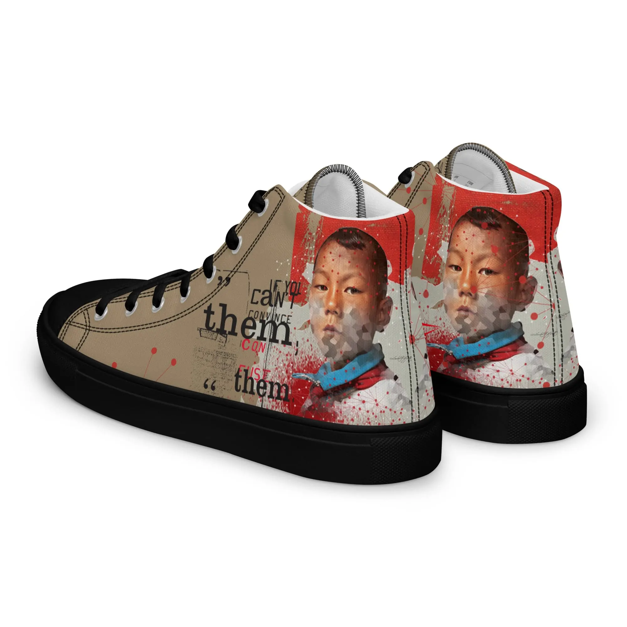 Canton, sneaker montante en toile personnalisée, semelle noire, pied gauche