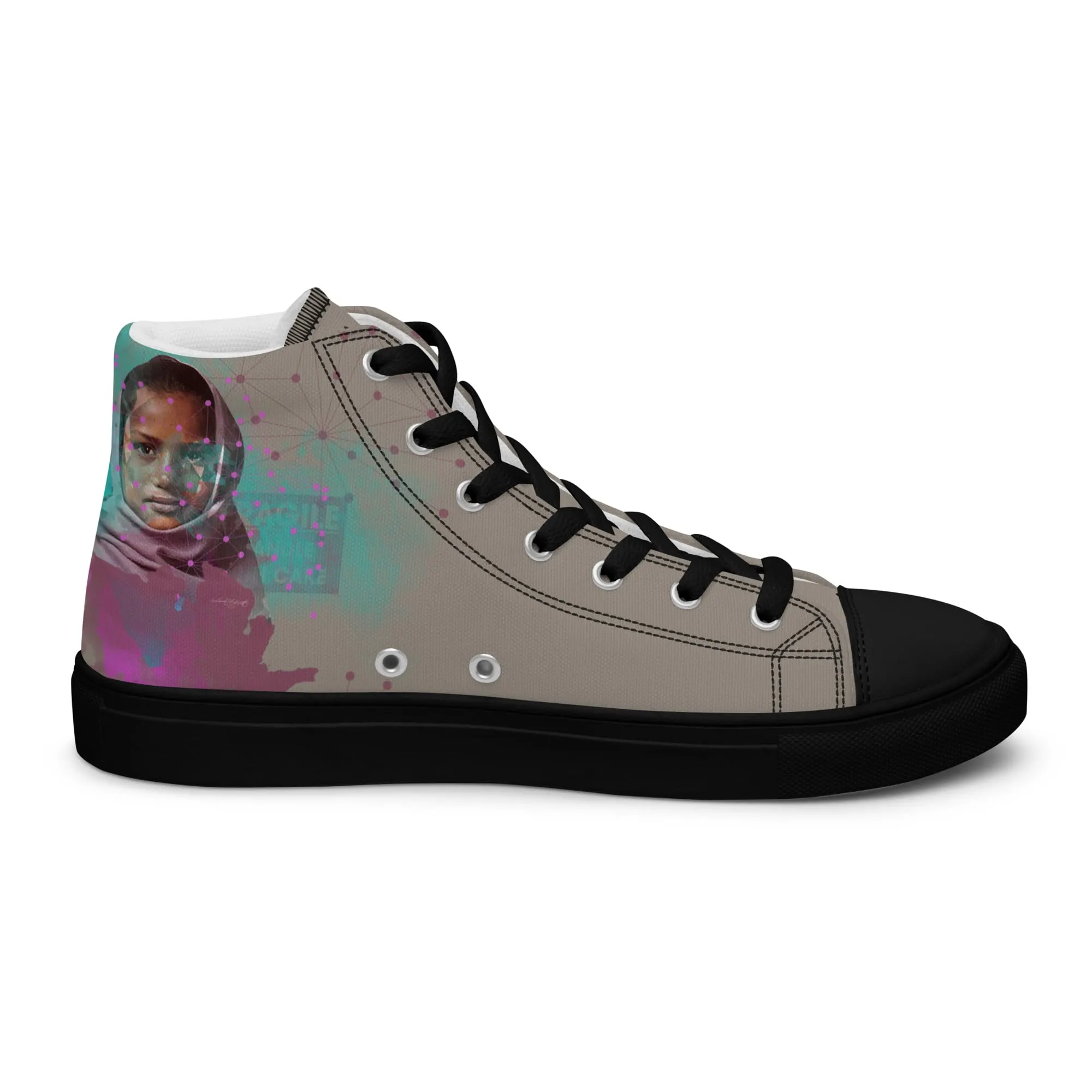 Calcutta, sneaker montante en toile personnalisée, semelle noire, pied gauche côté intérieur