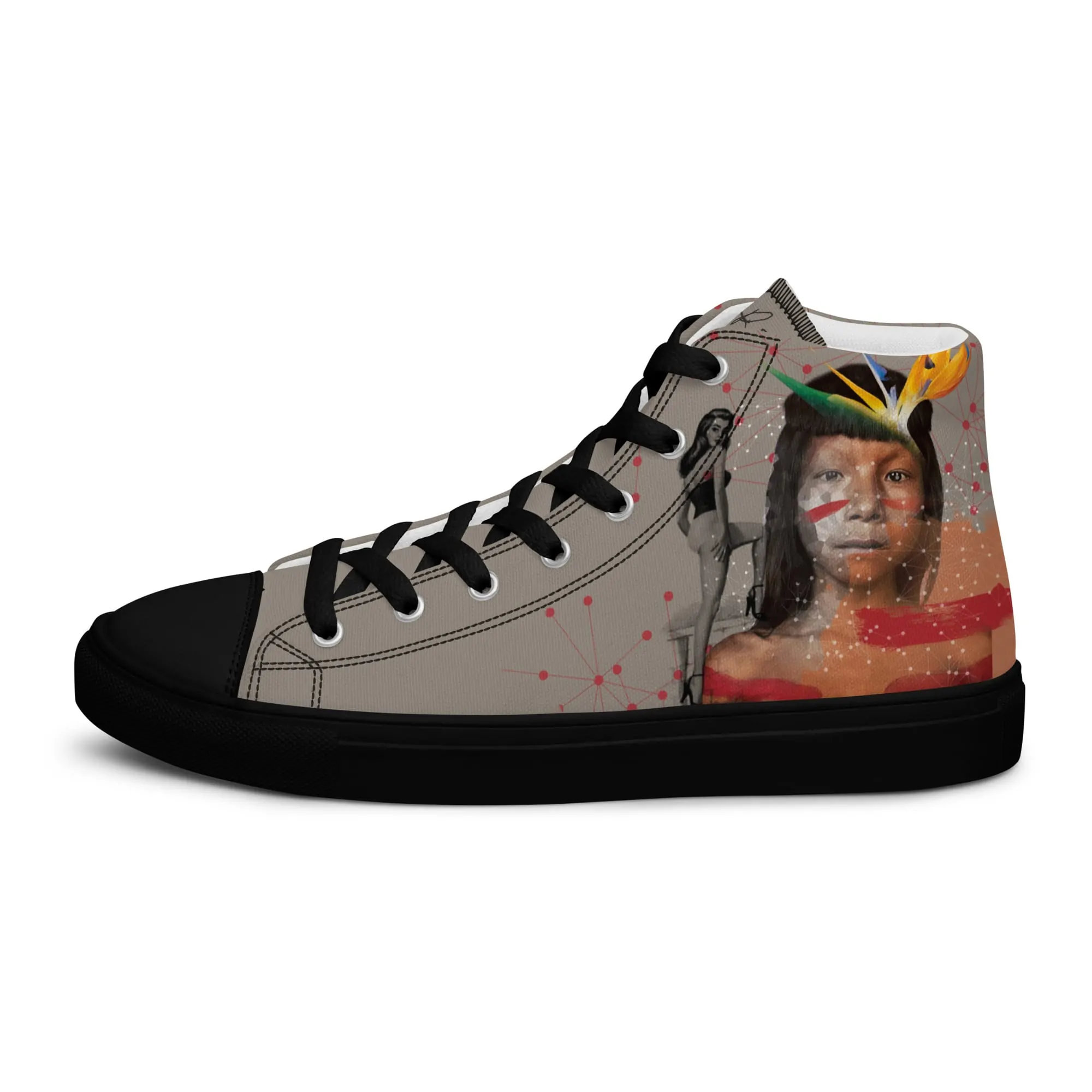 Manaus, sneaker montante en toile personnalisée, semelle noire, pied gauche côté extérieur