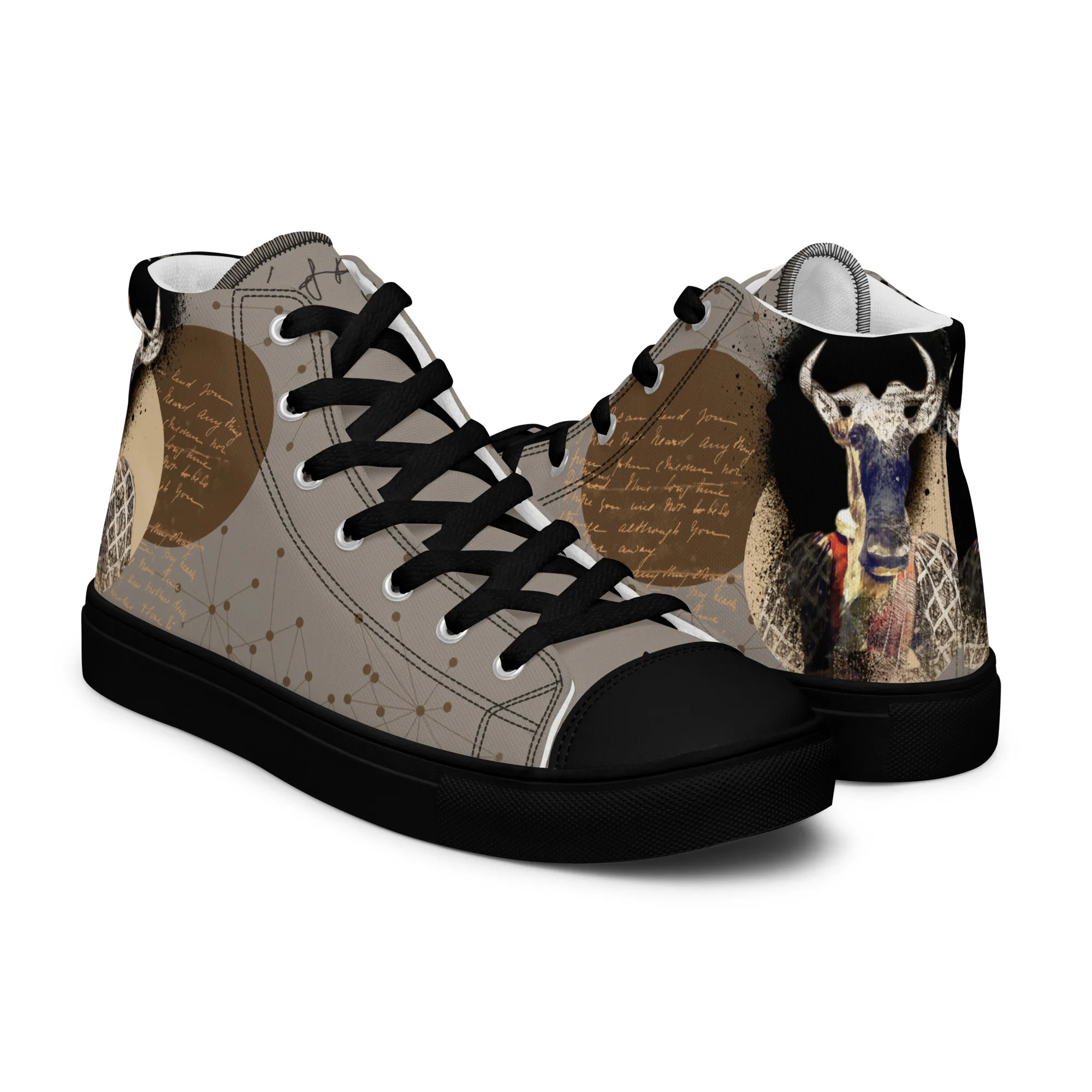 Hector le gnou, sneaker montante en toile personnalisée, semelle noire, pied droit