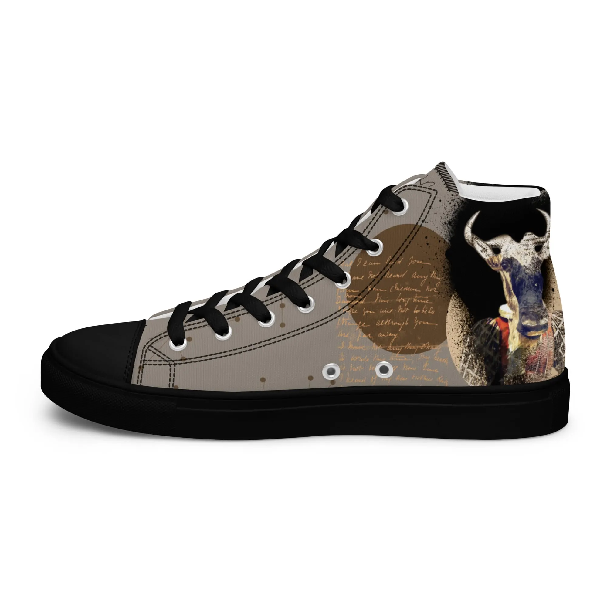 Hector le gnou, sneaker montante en toile personnalisée, semelle noire, pied droit côté intérieur