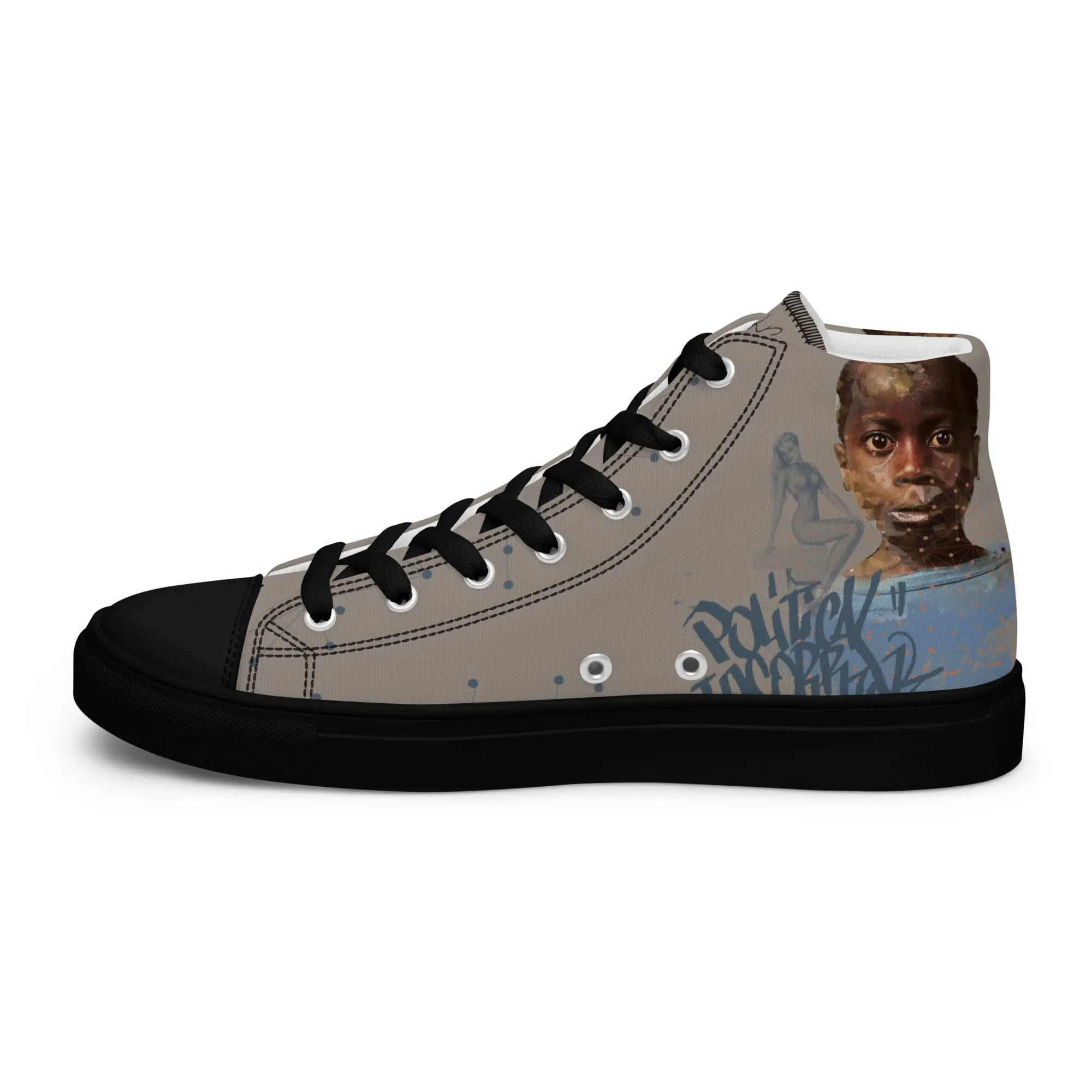 Bamako, sneaker montante en toile personnalisée, semelle noire, pied droit côté intérieur