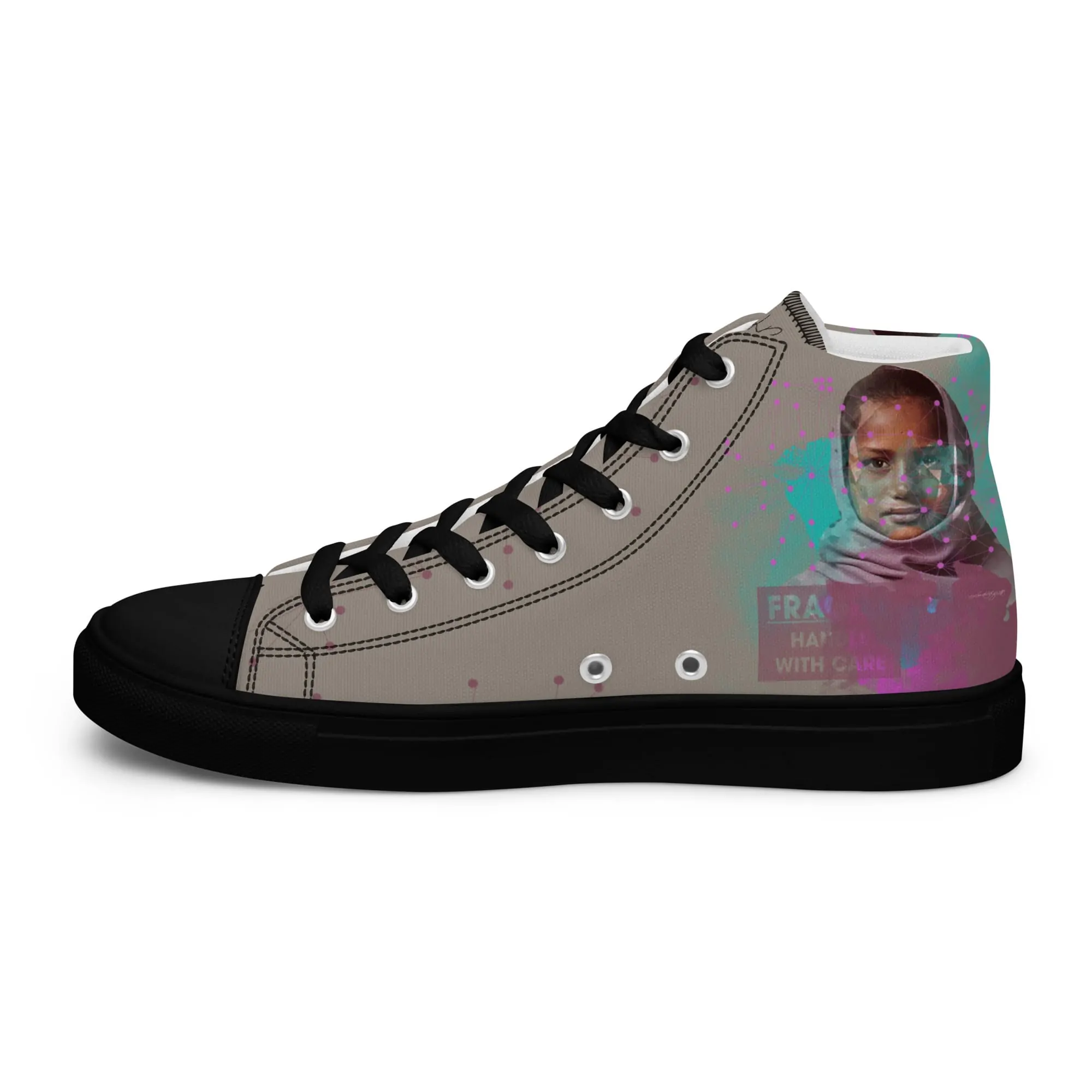 Calcutta, sneaker montante en toile personnalisée, semelle noire, pied droit côté intérieur