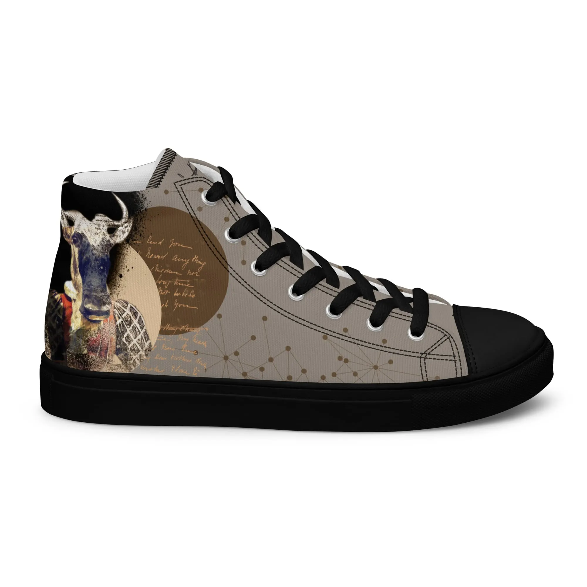 Hector le gnou, sneaker montante en toile personnalisée, semelle noire, pied droit côté extérieur