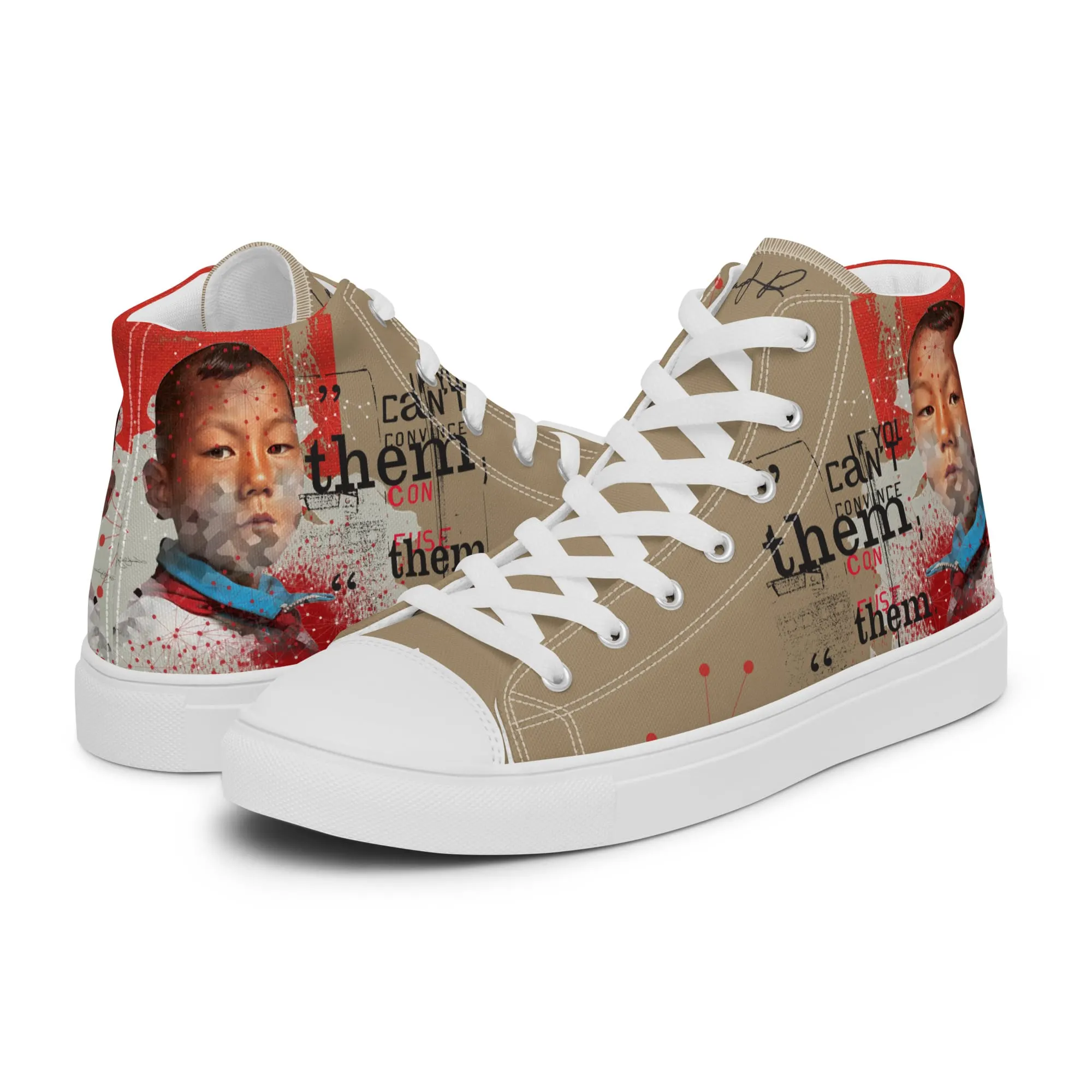 Canton, sneaker montante en toile personnalisée, semelle blanche, pied gauche