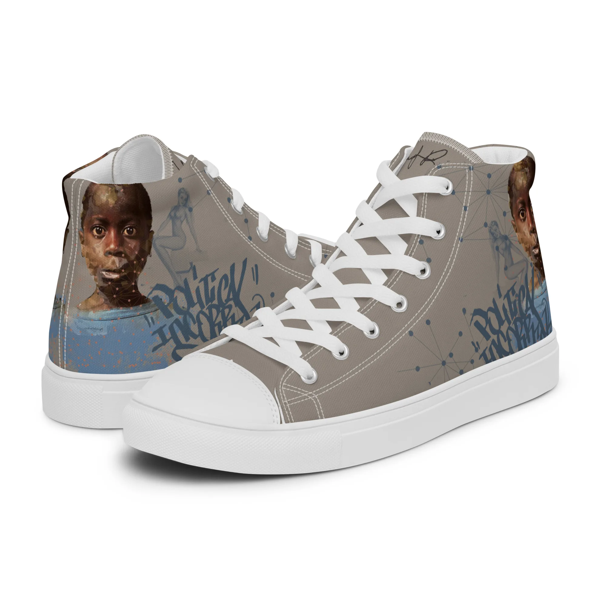 Bamako, sneaker montante en toile personnalisée, semelle blanche, pied gauche