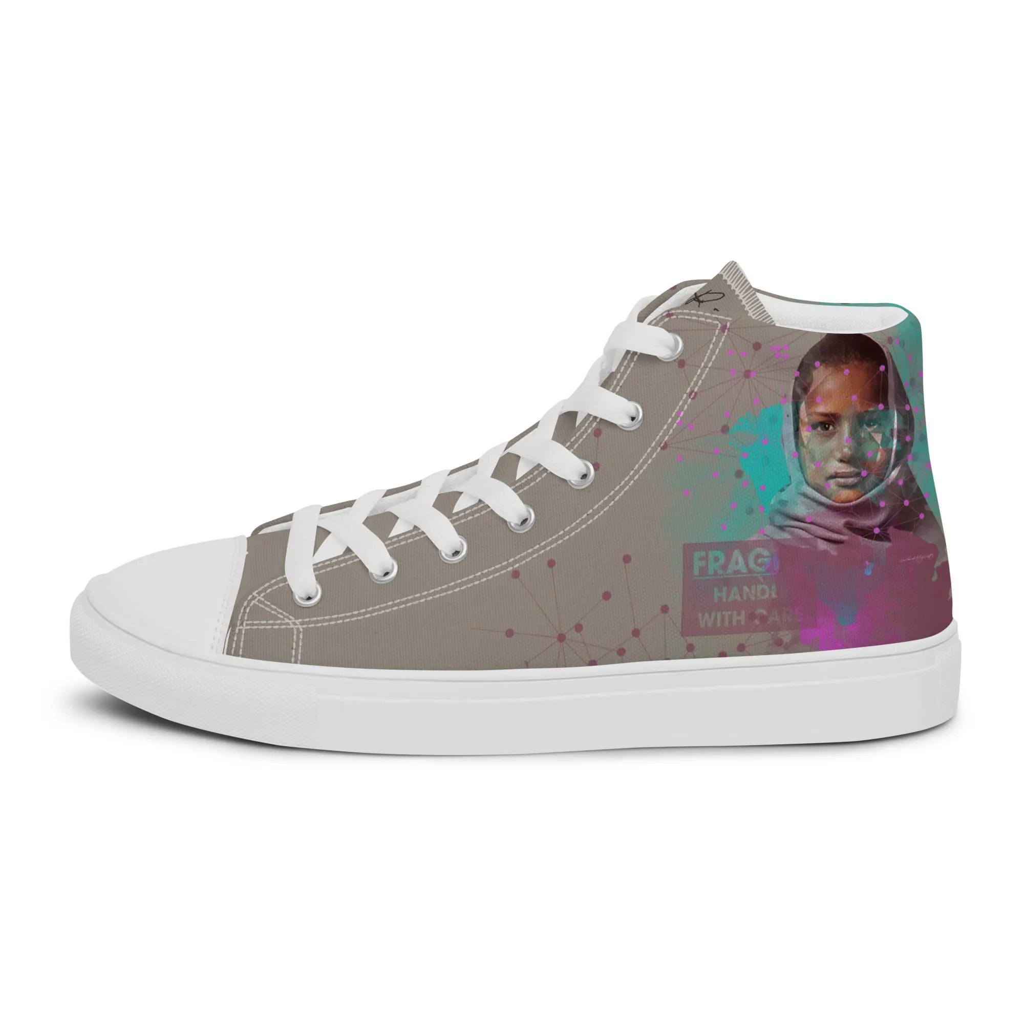 Calcutta, sneaker montante en toile personnalisée, semelle blanche, pied gauche côté extérieur