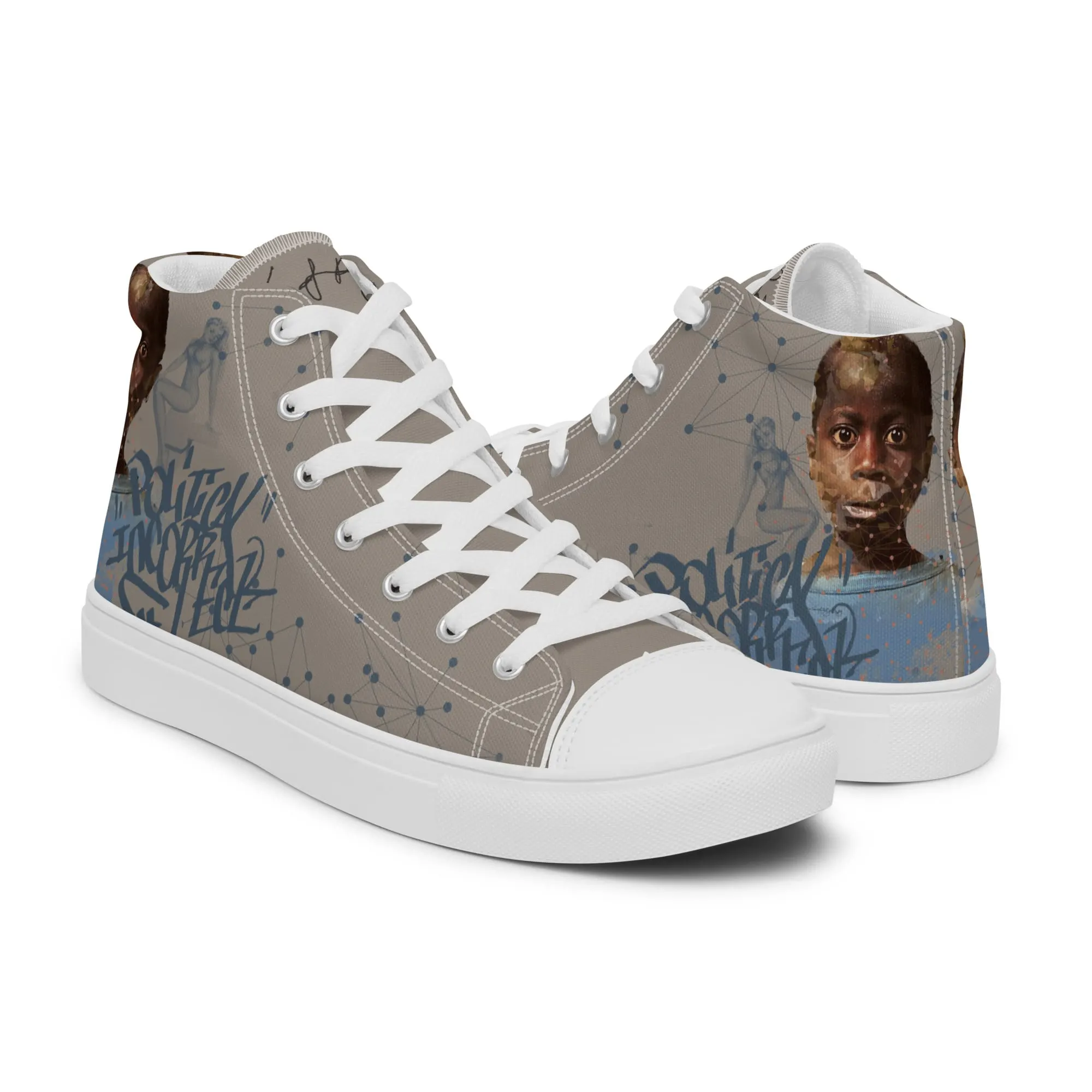 Bamako, sneaker montante en toile personnalisée, semelle blanche, pied droit