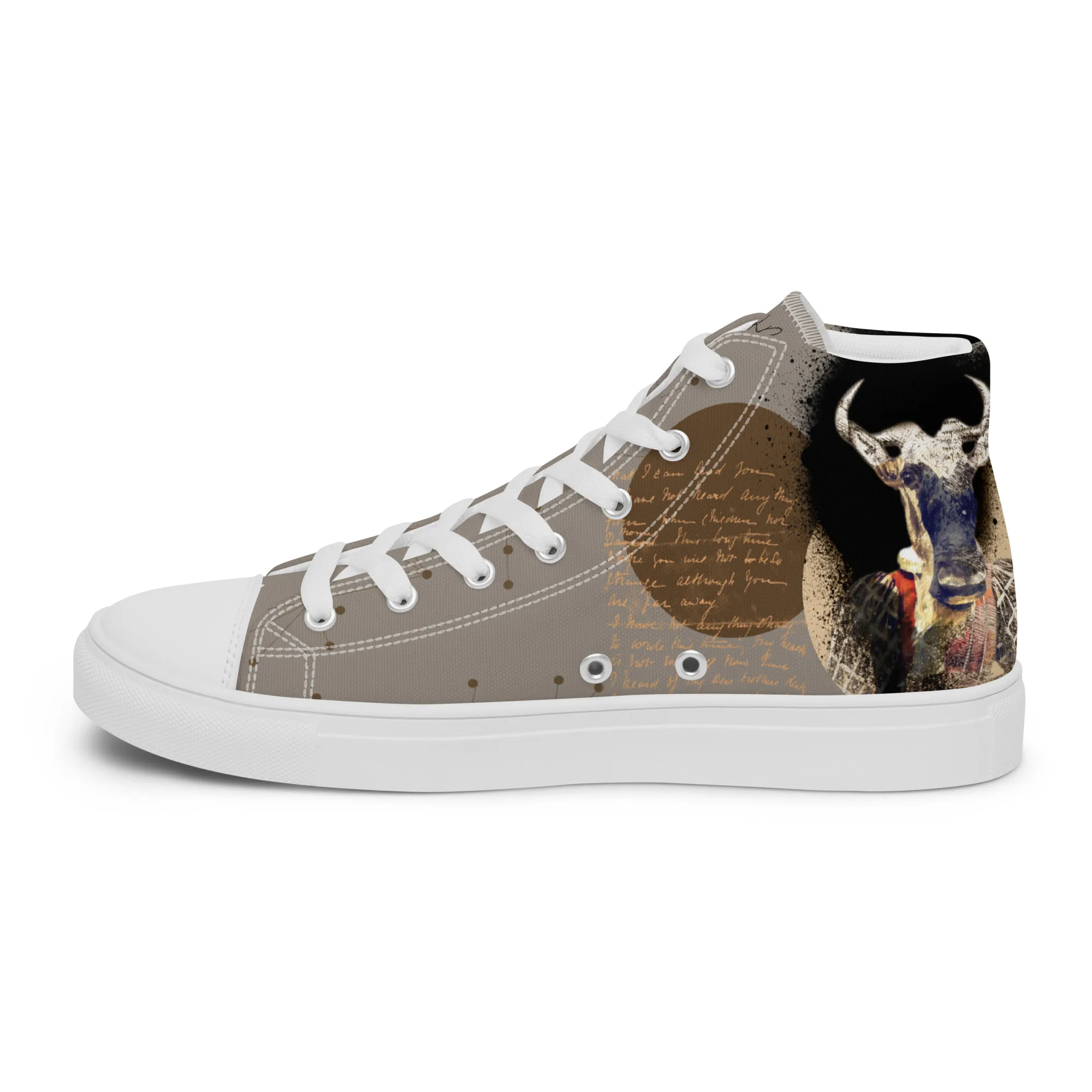 Hector le gnou, sneaker montante en toile personnalisée, semelle blanche, pied droit côté intérieur