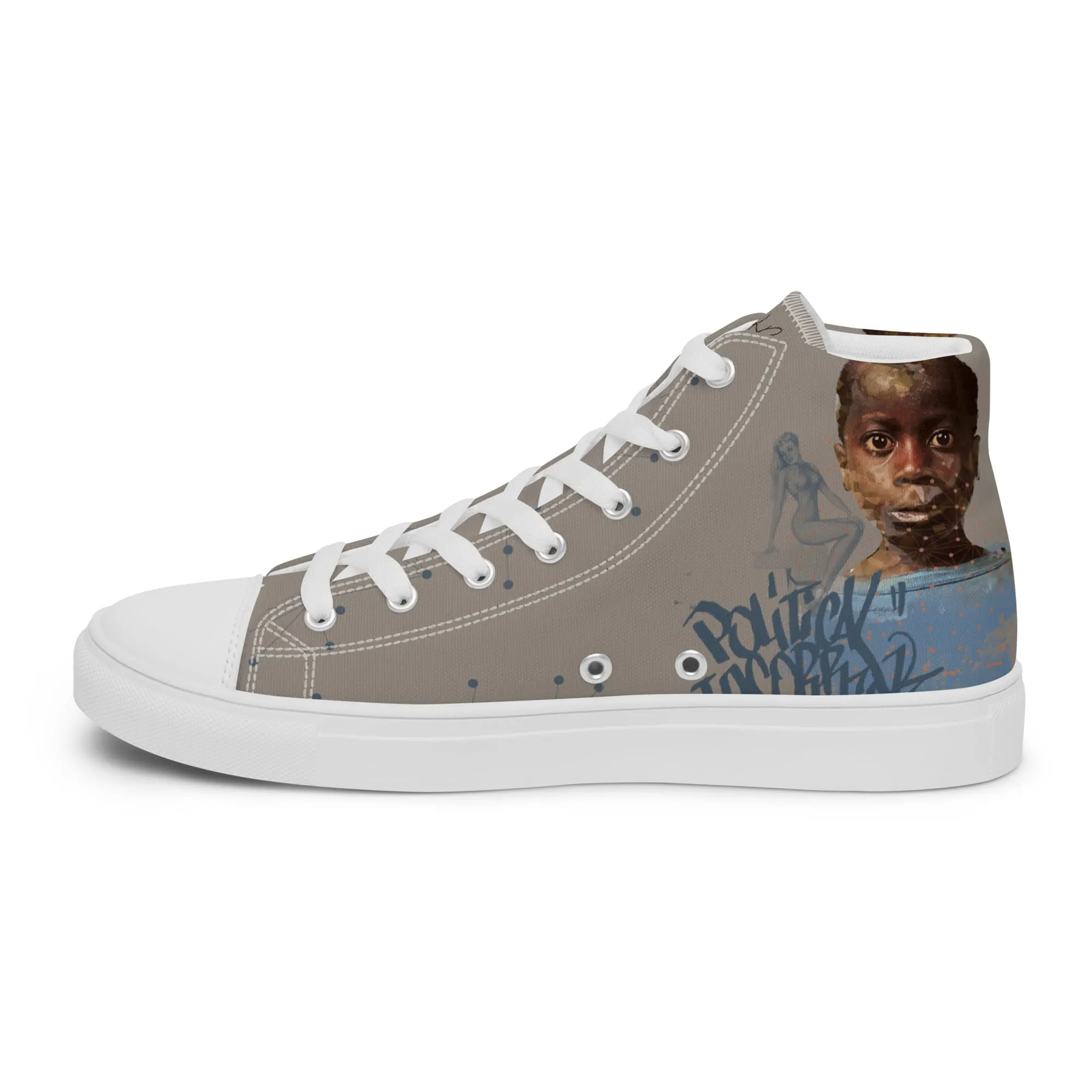 Bamako, sneaker montante en toile personnalisée, semelle blanche, pied droit côté intérieur