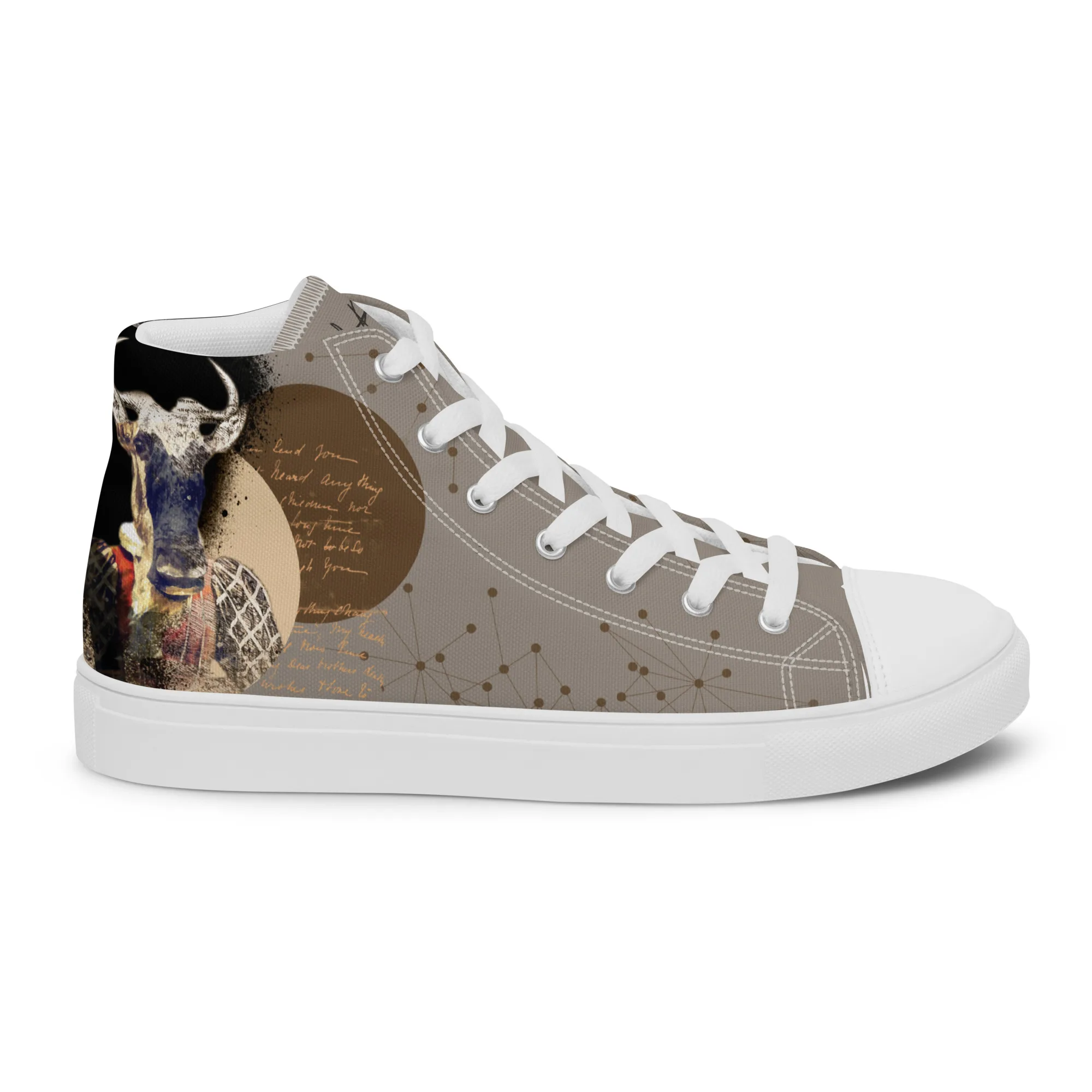 Hector le gnou, sneaker montante en toile personnalisée, semelle blanche, pied droit côté extérieur