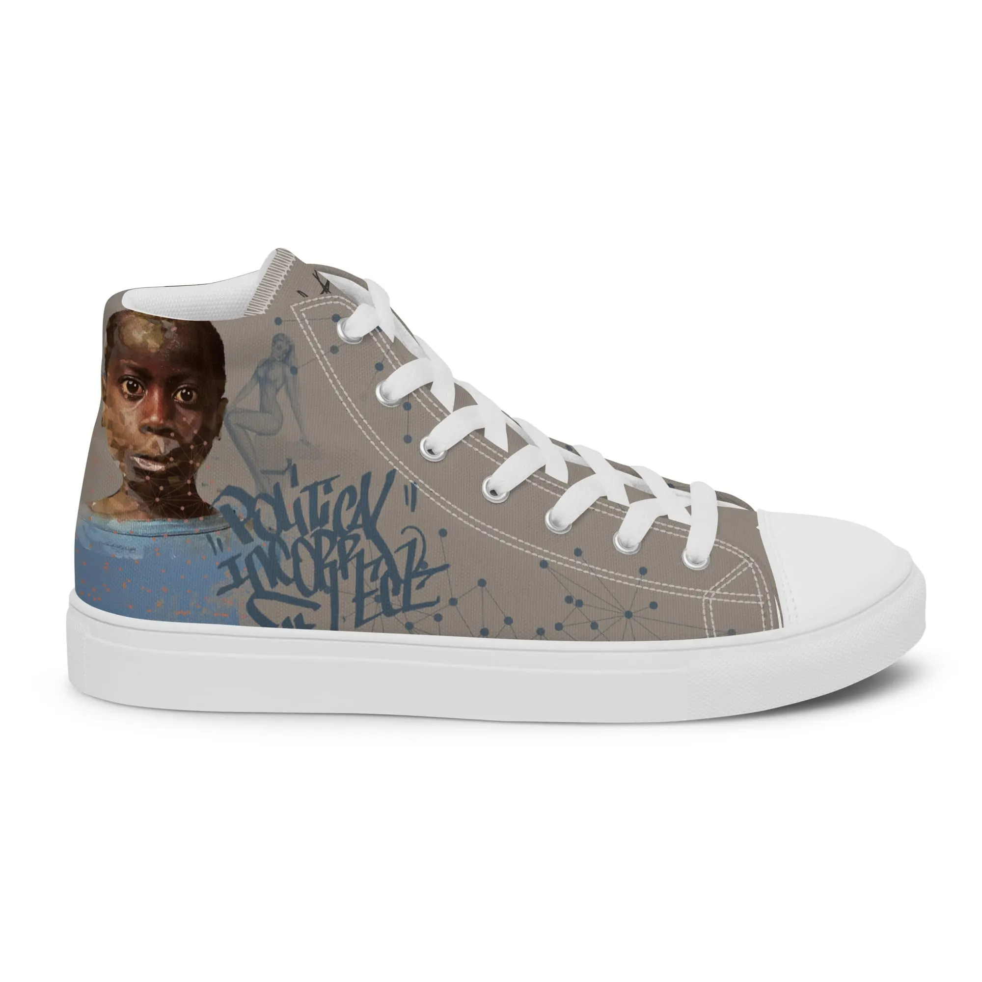Bamako, sneaker montante en toile personnalisée, semelle blanche, pied droit côté extérieur